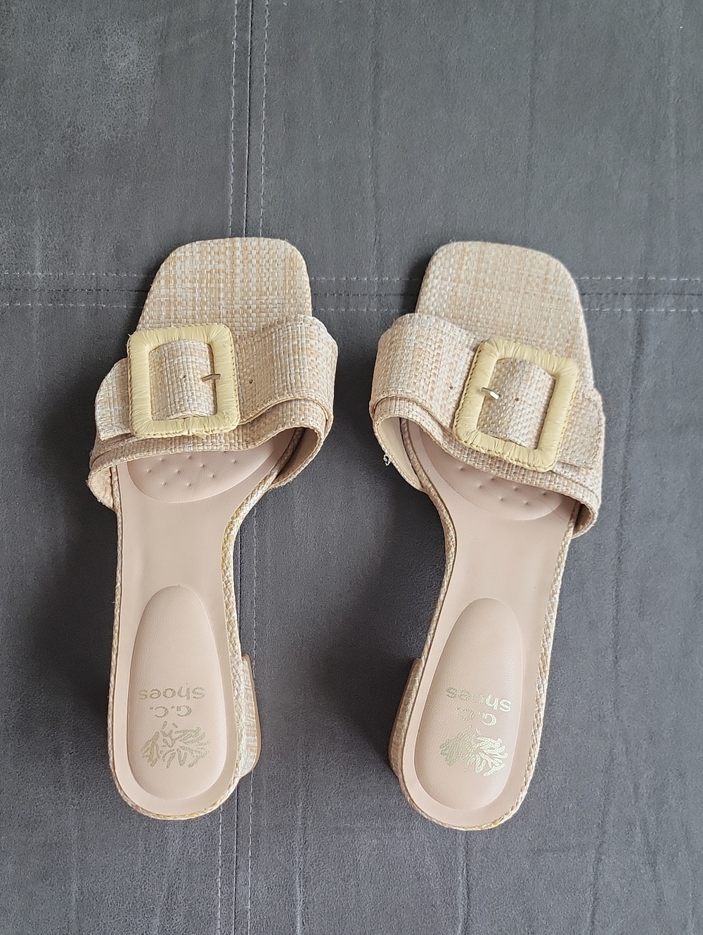 Woven Beige Buckle Slide Mules for Women